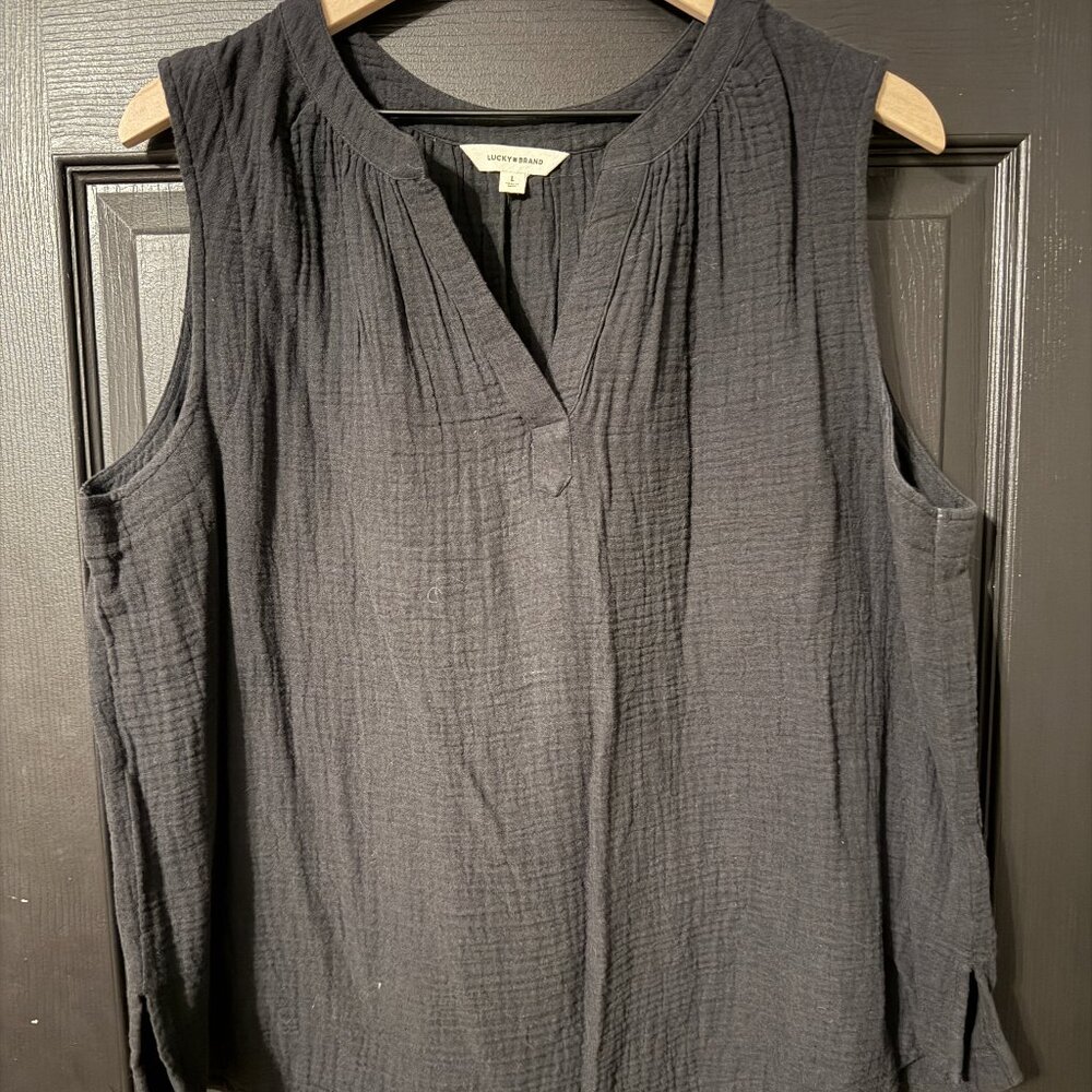 Lucky Brand Womens Lightweight V Neck Blouse Black Large